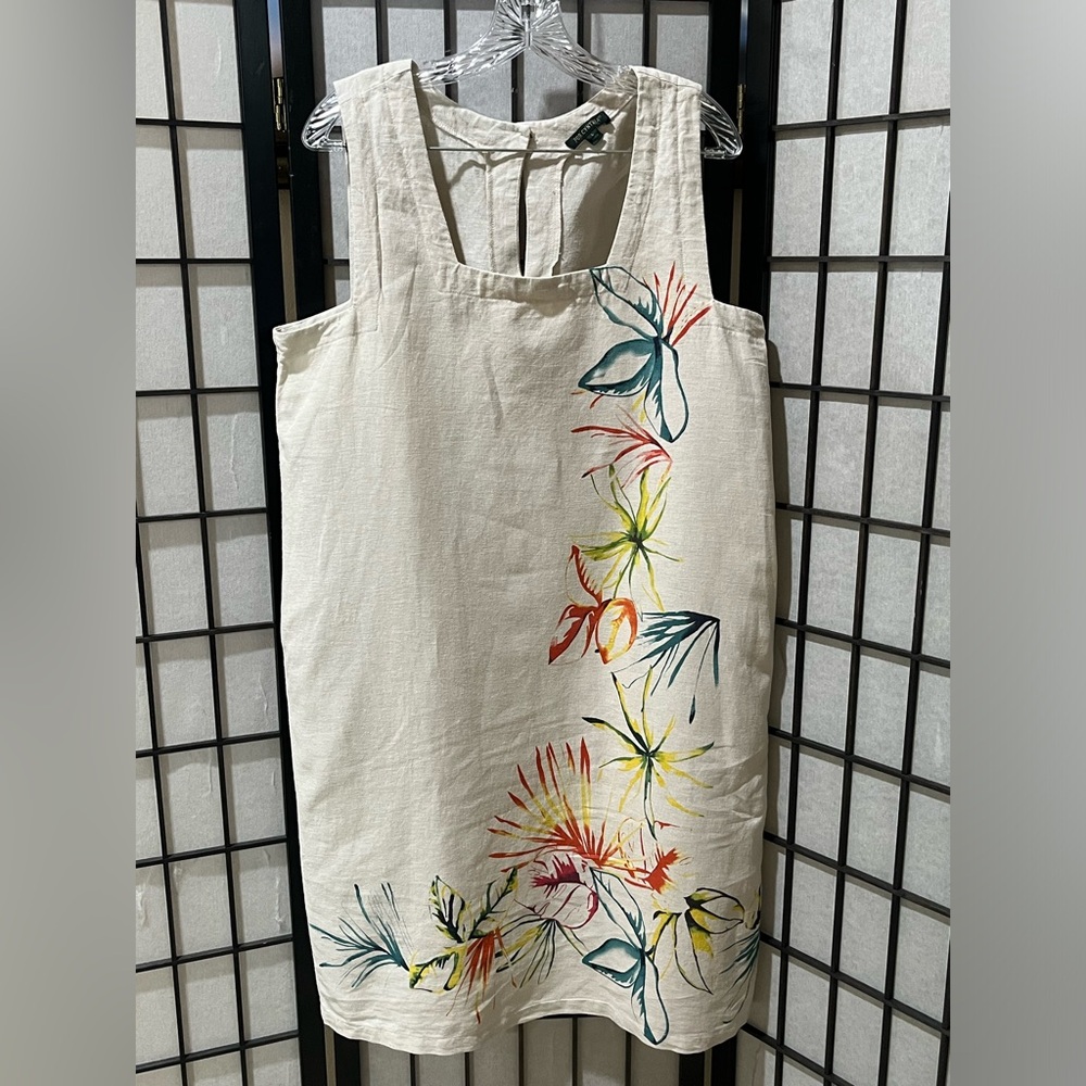 FOR CYNTHIA Sleeveless Linen Blend Shift Dress in Natural Cream SIZE L